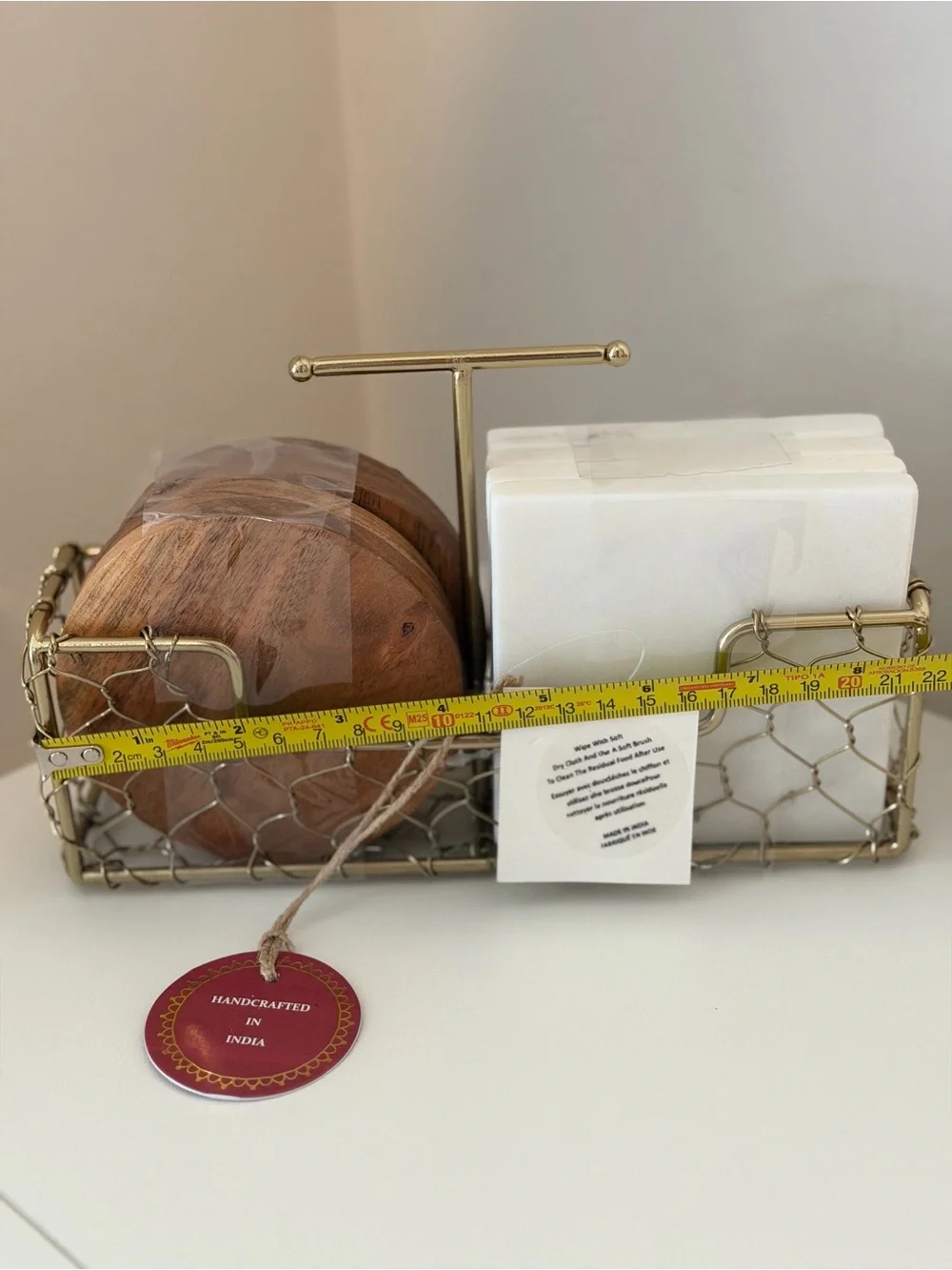 Set of 8 Plate Coasters 4 Marble 4 Wood with Gold Tone Metal Holder